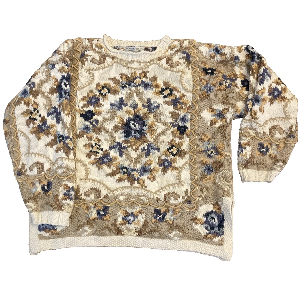 Vtg 90's CRYSTAL-KOBE Women's Floral Thick Knit Crewneck Sweater SZ L